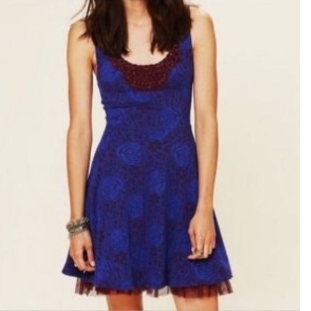 Free People Rock Princess Floral Sleeveless Royal Blue/Red Dress